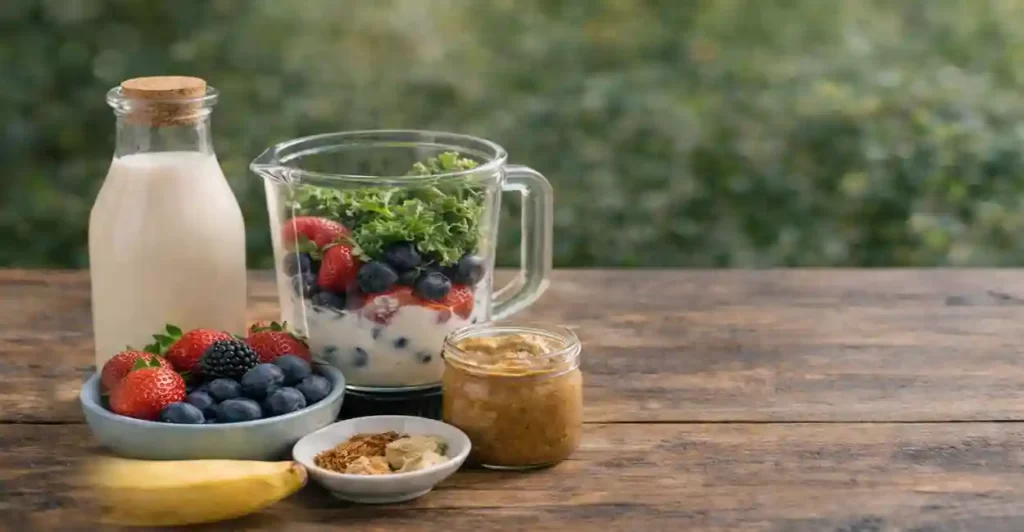 ingredientes naturais para vitamina antioxidante com leite de amêndoas, morango, mirtilo, couve e manteiga de nozes sobre mesa rústica