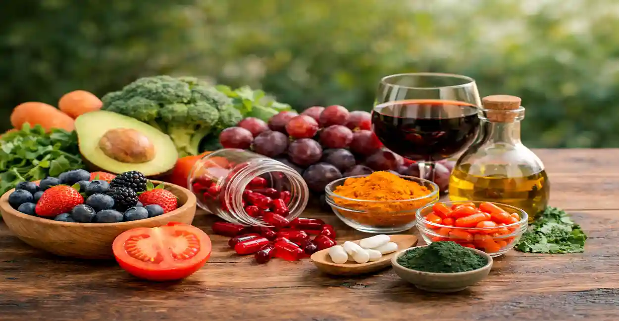 Alimentos ricos em antioxidantes como frutas vermelhas, abacate, brócolis, uva, cúrcuma e suplementos naturais sobre mesa rústica