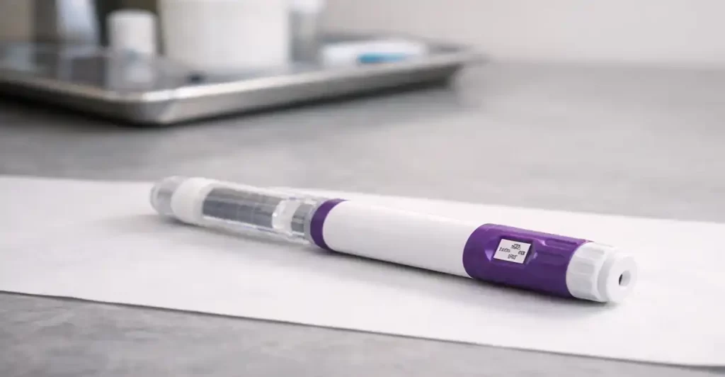 Imagem detalhada de uma caneta injetável de tirzepatida ao lado de frascos médicos, ilustrando o medicamento utilizado para controle do apetite e emagrecimento, frequentemente associado aos tirzepatida efeitos colaterais nas primeiras semanas de uso.