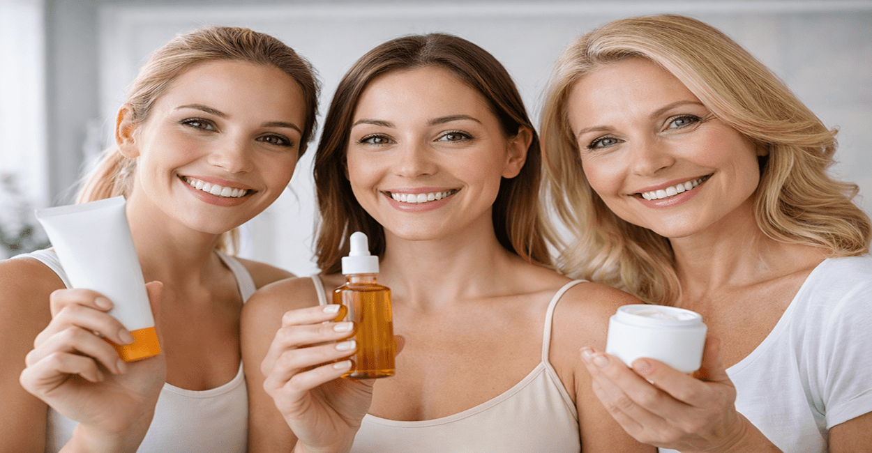 três mulheres de 20 30 e 40 anos sorrindo com cosmeticos nas mãos