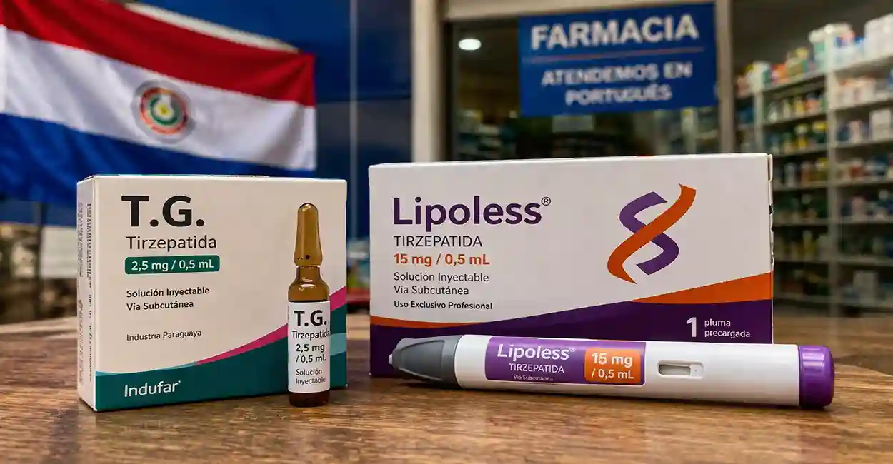 Comparação de medicamentos com tirzepatida vendidos no Paraguai, incluindo canetas injetáveis e embalagens em ambiente de farmácia