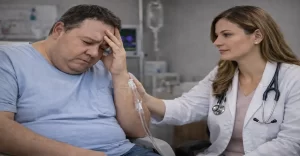 Imagem realista de uma médica atendendo um paciente obeso em ambiente clínico, ilustrando os riscos associados ao uso de Mounjaro e Ozempic, como hipoglicemia e efeitos colaterais. A cena reforça a importância do acompanhamento médico no tratamento.