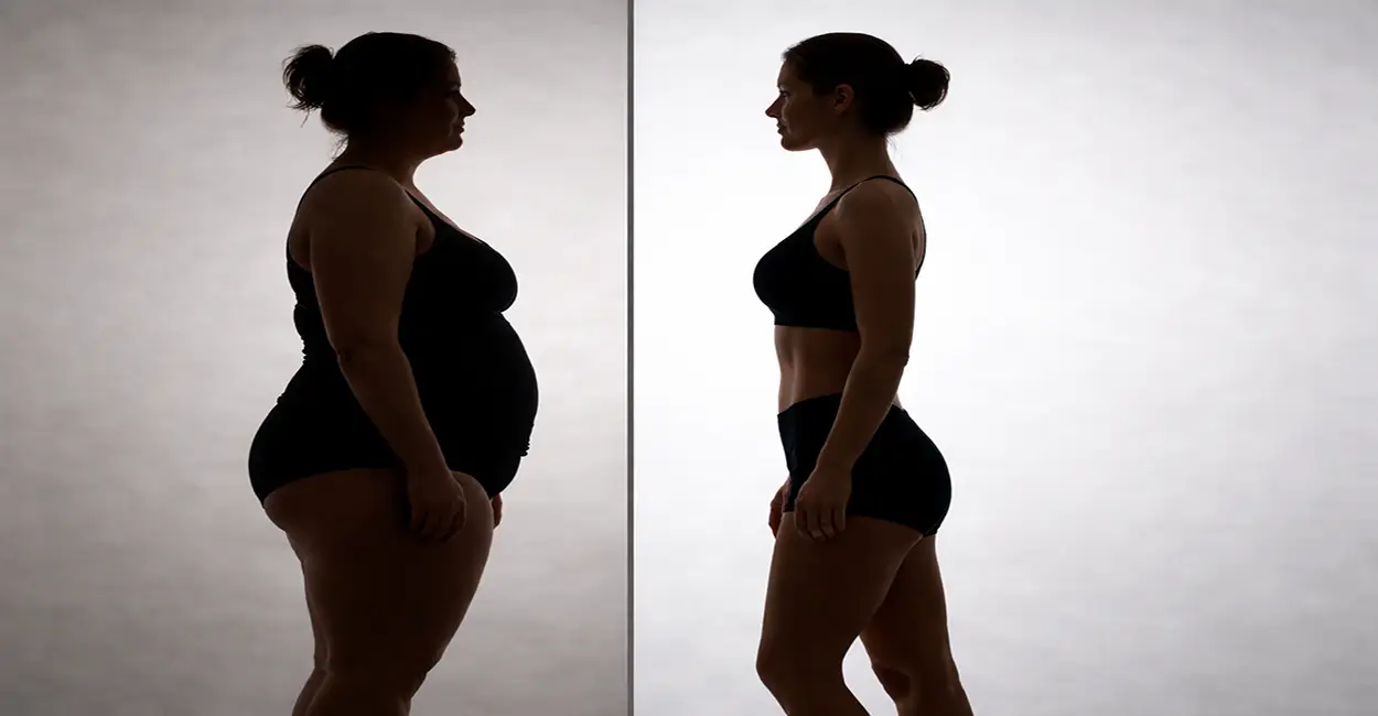 Antes e depois de emagrecimento com silhueta corporal mostrando transformação de corpo com redução de peso