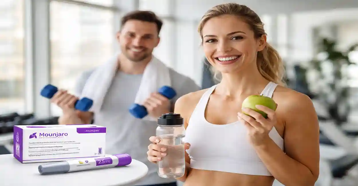 Homem e mulher na academia, agua, maçã, pesos na mão caixa de mounjaro ao lado