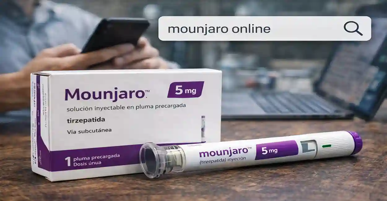 Busca por mounjaro online em smartphone com medicamento e caneta injetável em destaque