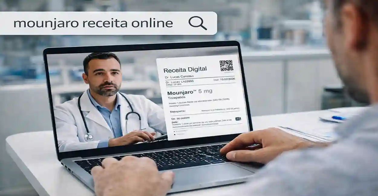 Consulta médica online com prescrição digital de Mounjaro exibida em notebook durante telemedicina