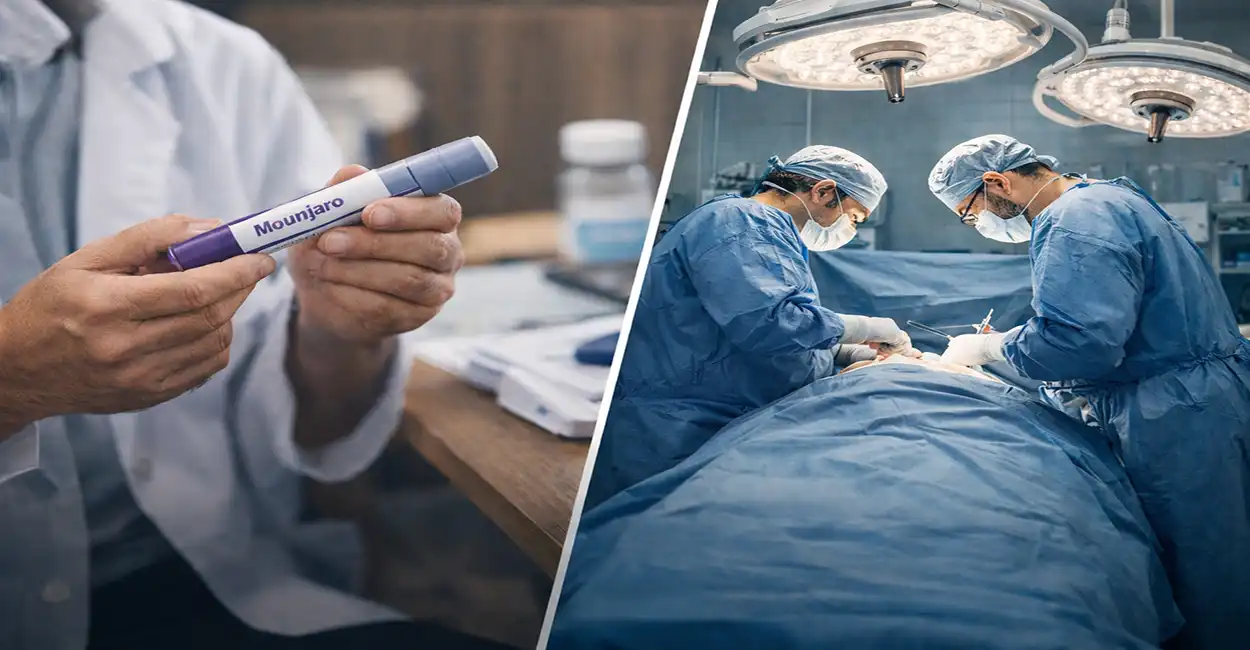 Comparação entre tratamento com Mounjaro e cirurgia bariátrica, mostrando uma caneta de aplicação médica e um procedimento cirúrgico em hospital