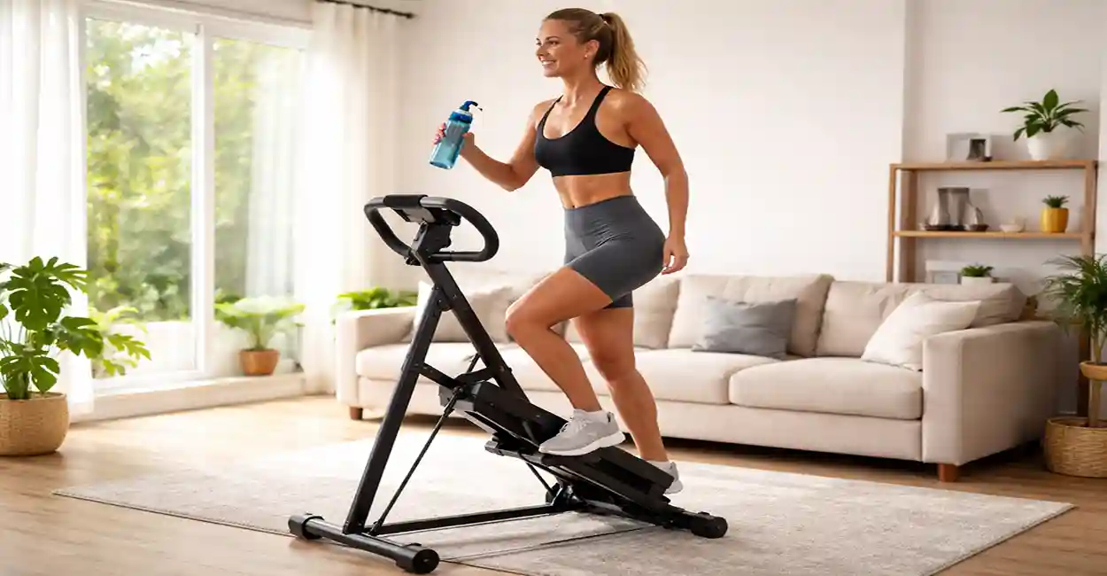 Mulher fazendo exercício no simulador de escadas na sala da casa dela