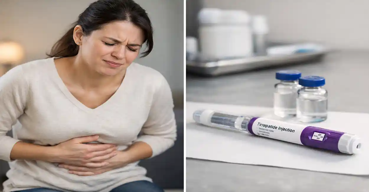 Mulher com dor no estômago mostrando possíveis efeitos colaterais da tirzepatida