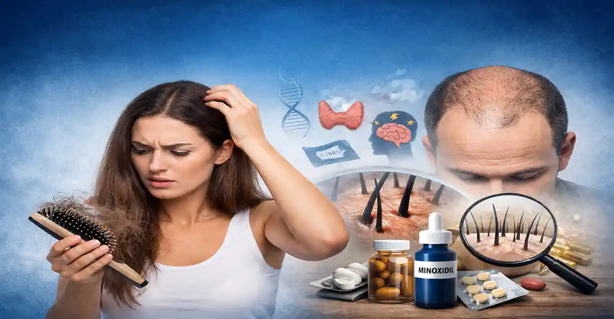 Mulher preocupada com queda de cabelo segurando escova com fios caídos enquanto homem apresenta calvície e tratamentos capilares ao fundo